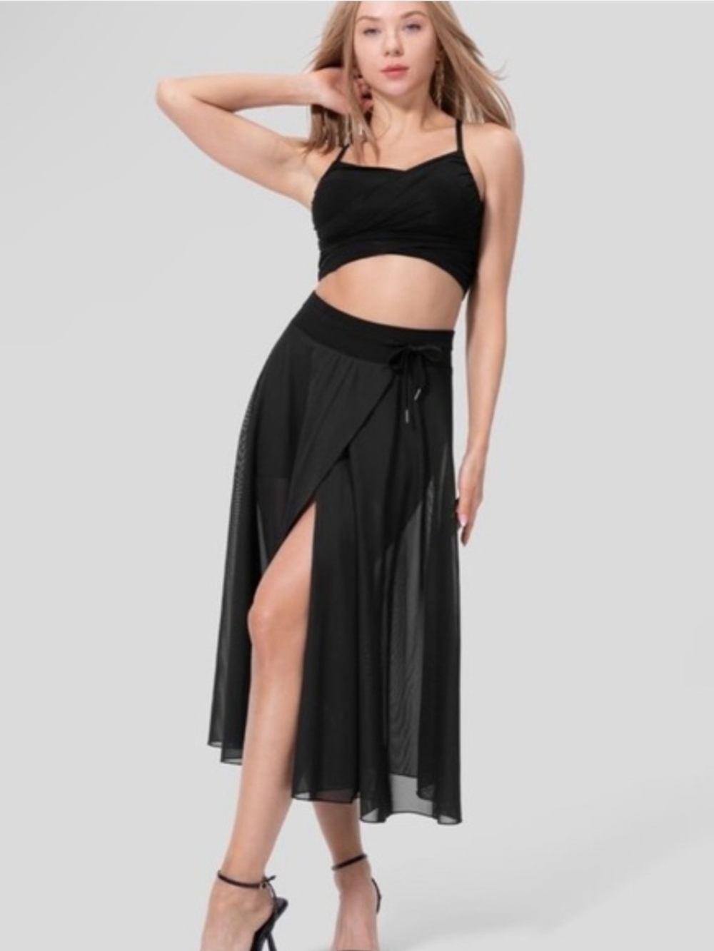 Halara High Waisted Drawstring Contrast Mesh 2-in-1 Flowy Maxi Skirt Large